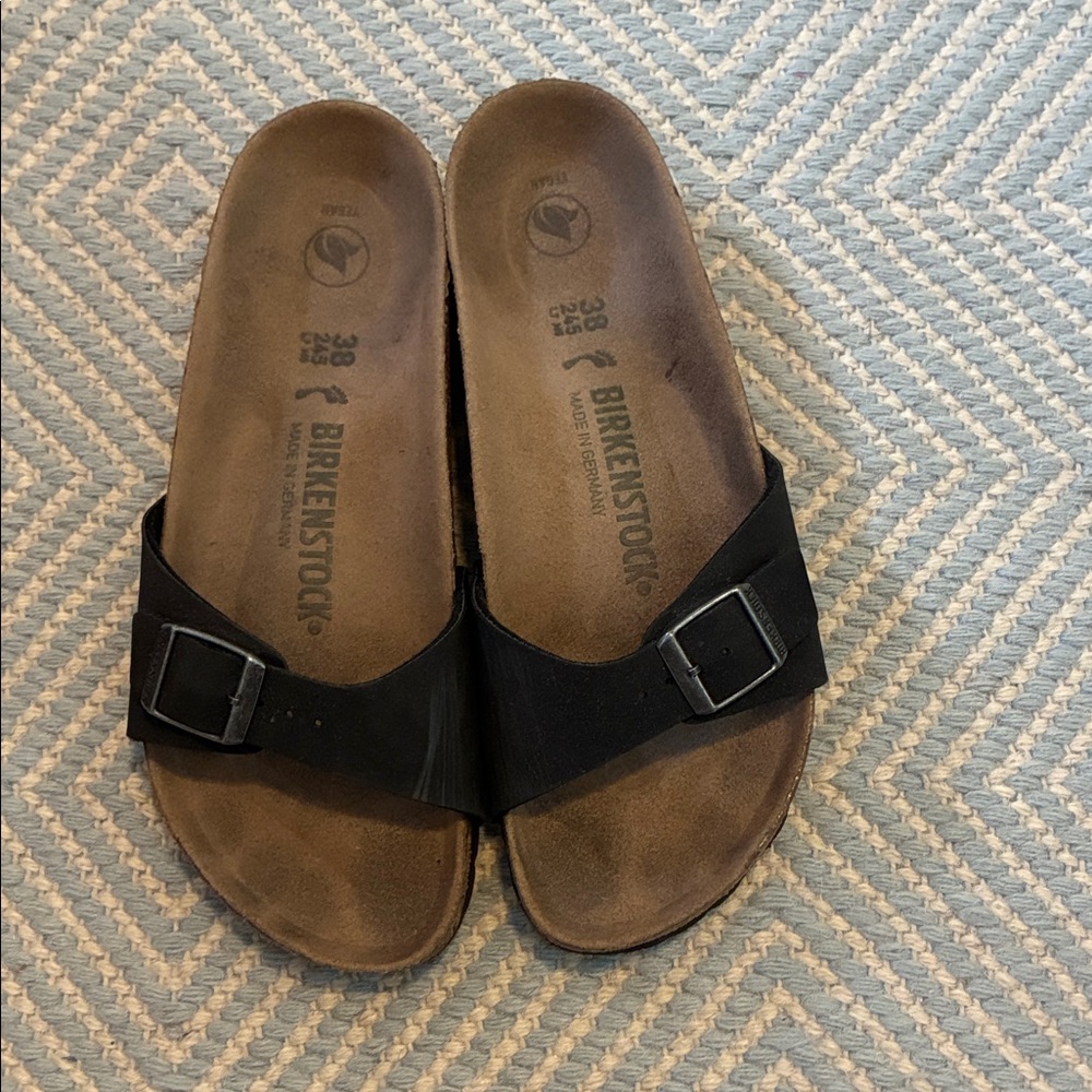 Birkenstock Black Single-Strap Leather Slide Sandals